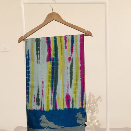 Cotton Saree with Multicolor Stripes & Bird Border