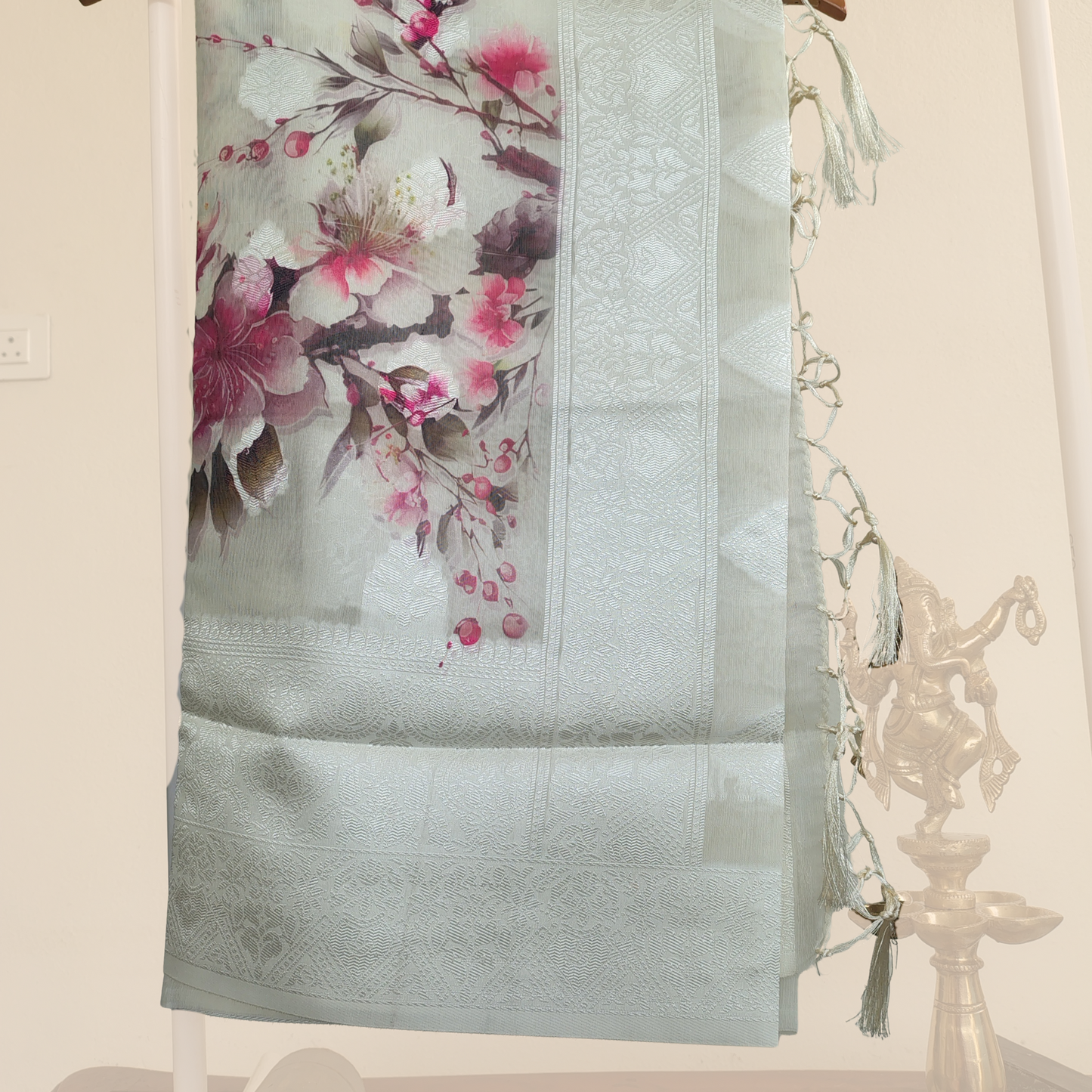 Silver White Floral Soft Silk Saree