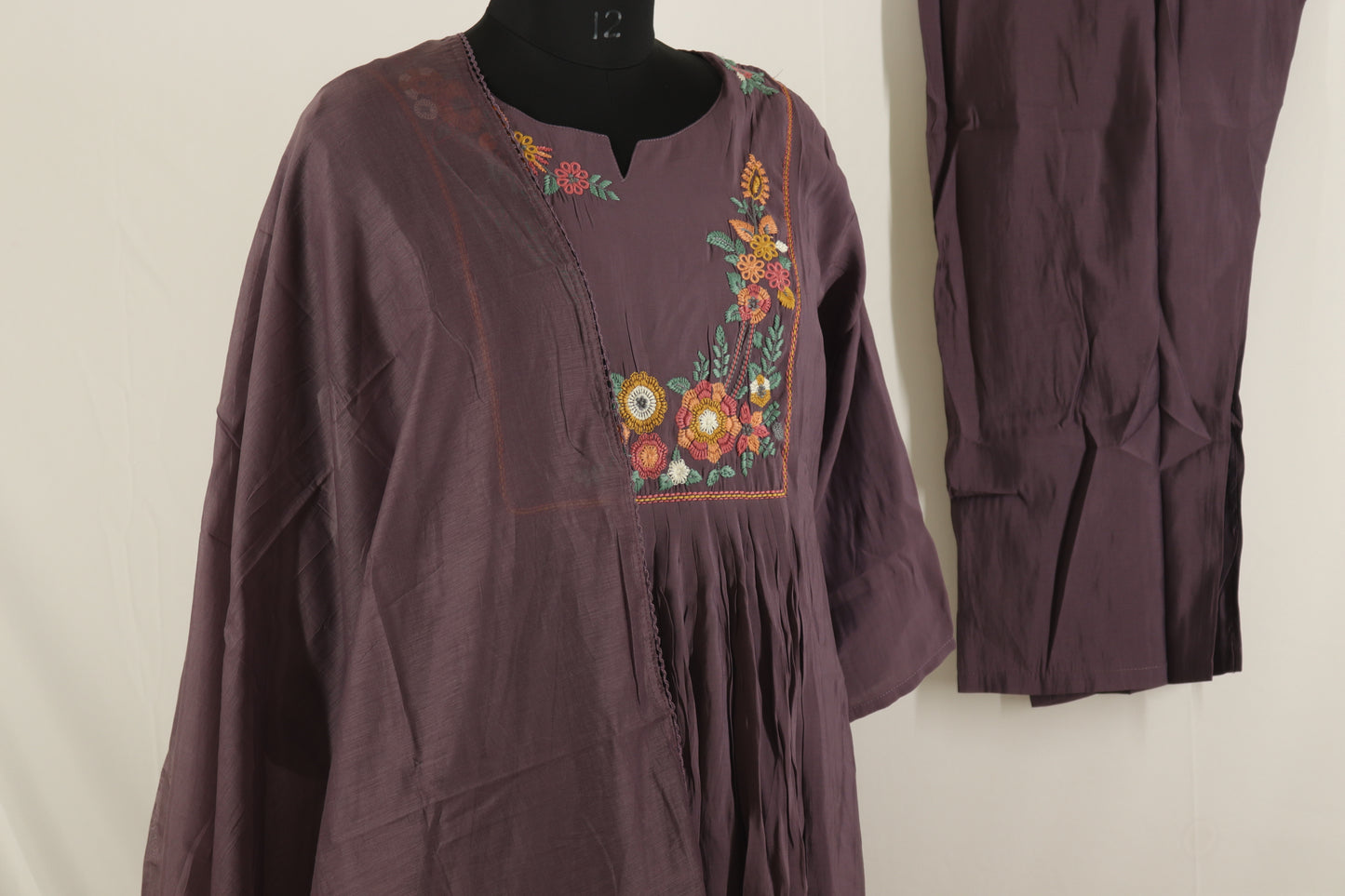 Plum Bloom Embroidered Kurta Set – Mauve Cotton with Floral Threadwork