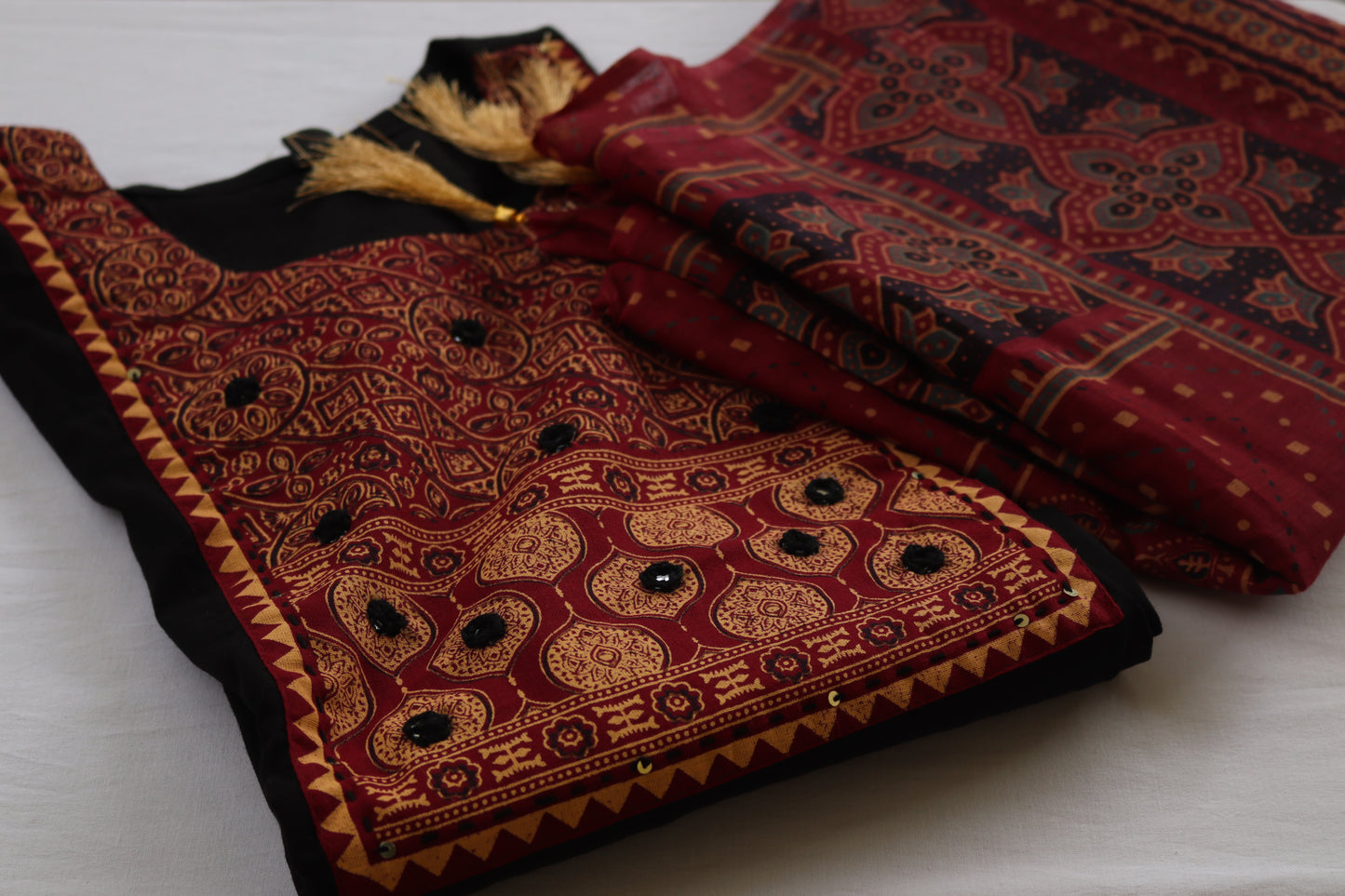 Black with Maroon Ajrakh Dupatta Embroidered Kurta Set