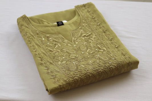 Olive Grace Embroidered Kurti – Subtle Threadwork in Pure Cotton
