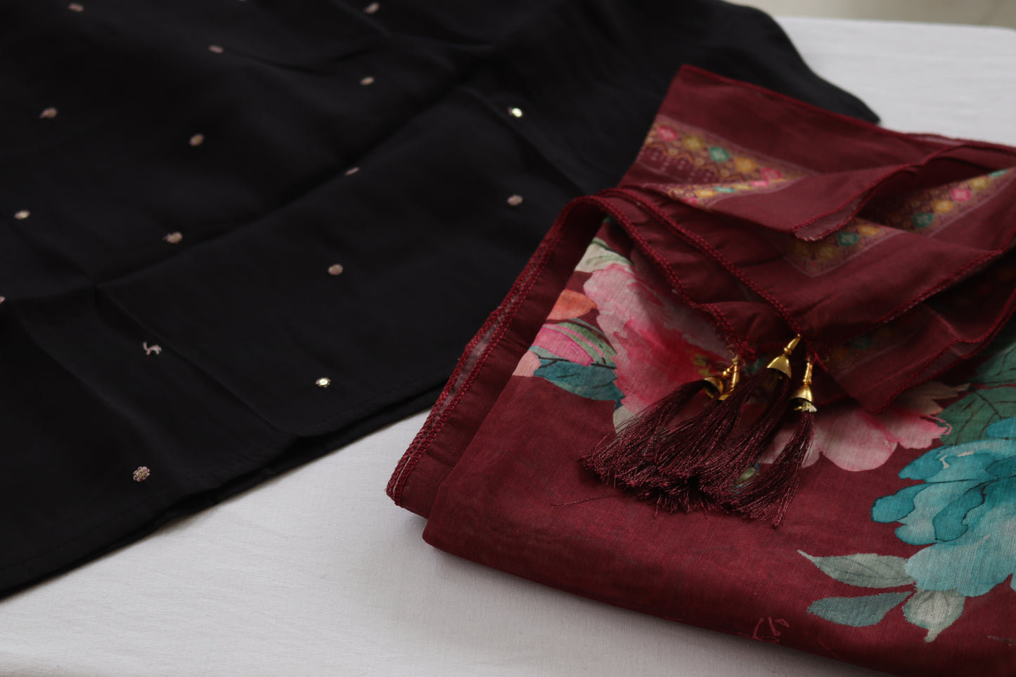 Midnight Grace Embroidered Kurta Set – Black with Maroon Floral Dupatta