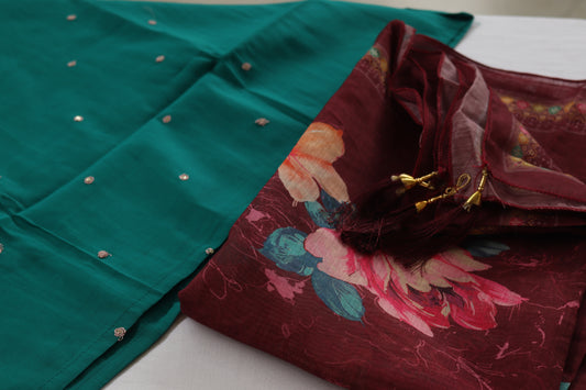 Teal Bloom Embroidered Kurta Set – With Maroon Floral Dupatta
