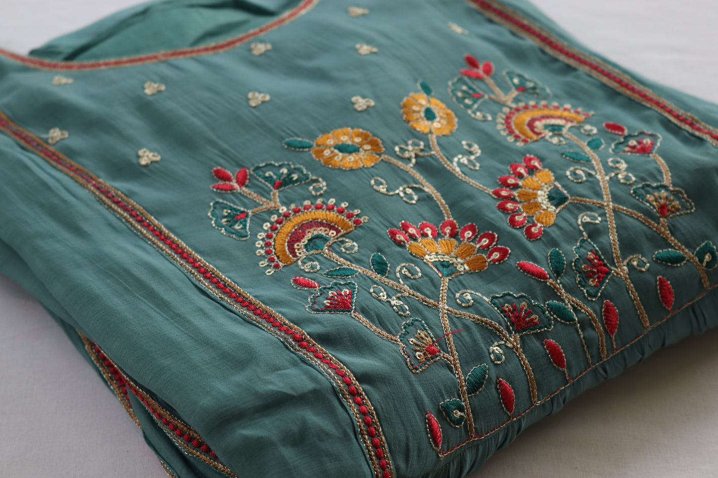 Ocean Mist Embroidered Kurta Set – Teal Elegance in Cotton