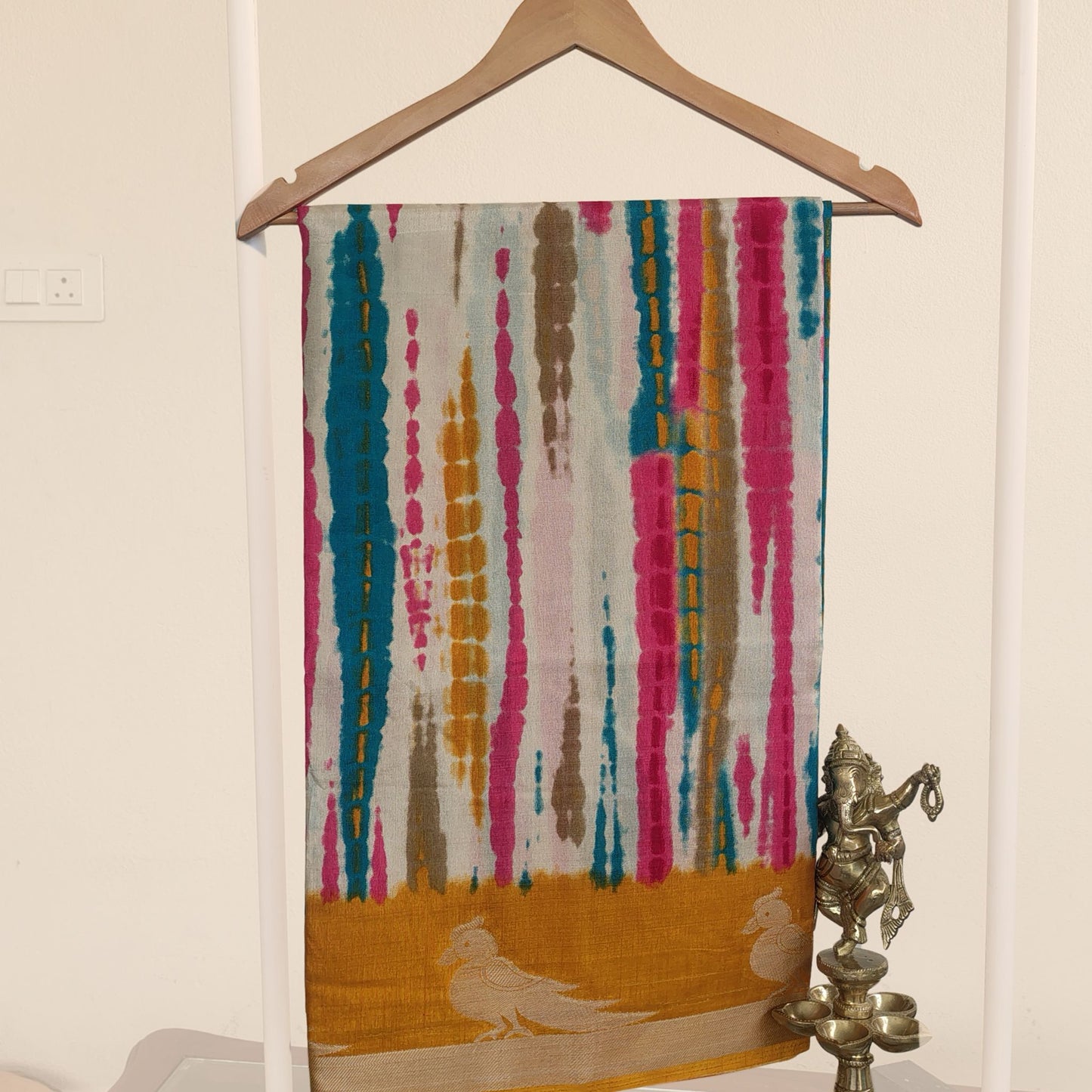 Cotton Saree with Multicolor Stripes & Bird Border