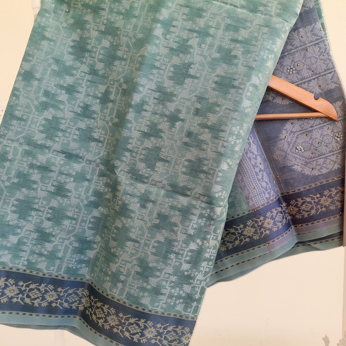 Sea Green Soft cotton Saree with Blue Border
