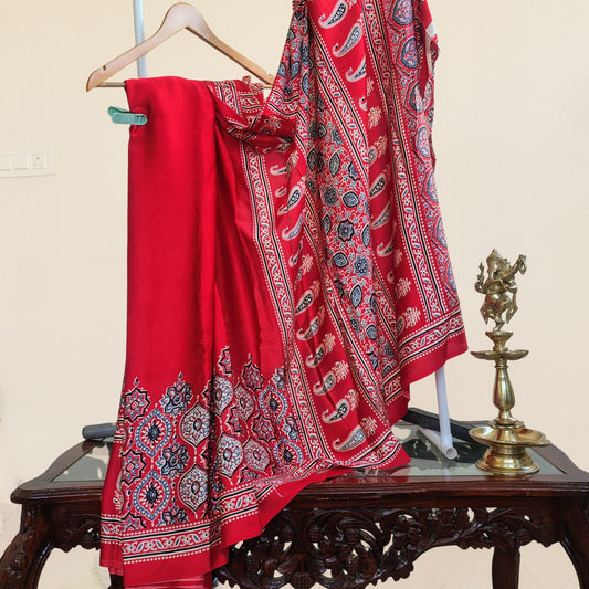 Red Crepe Satin Saree with Printed Border