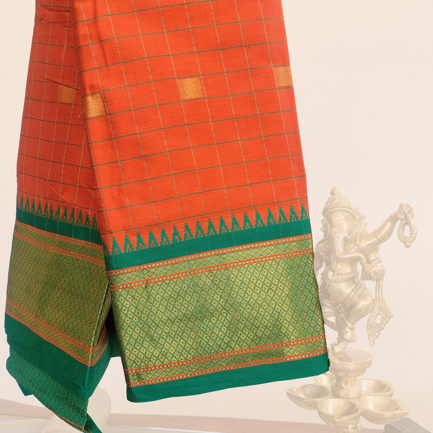 Orange Checkered Kanchipuram Cotton Saree with Green Border