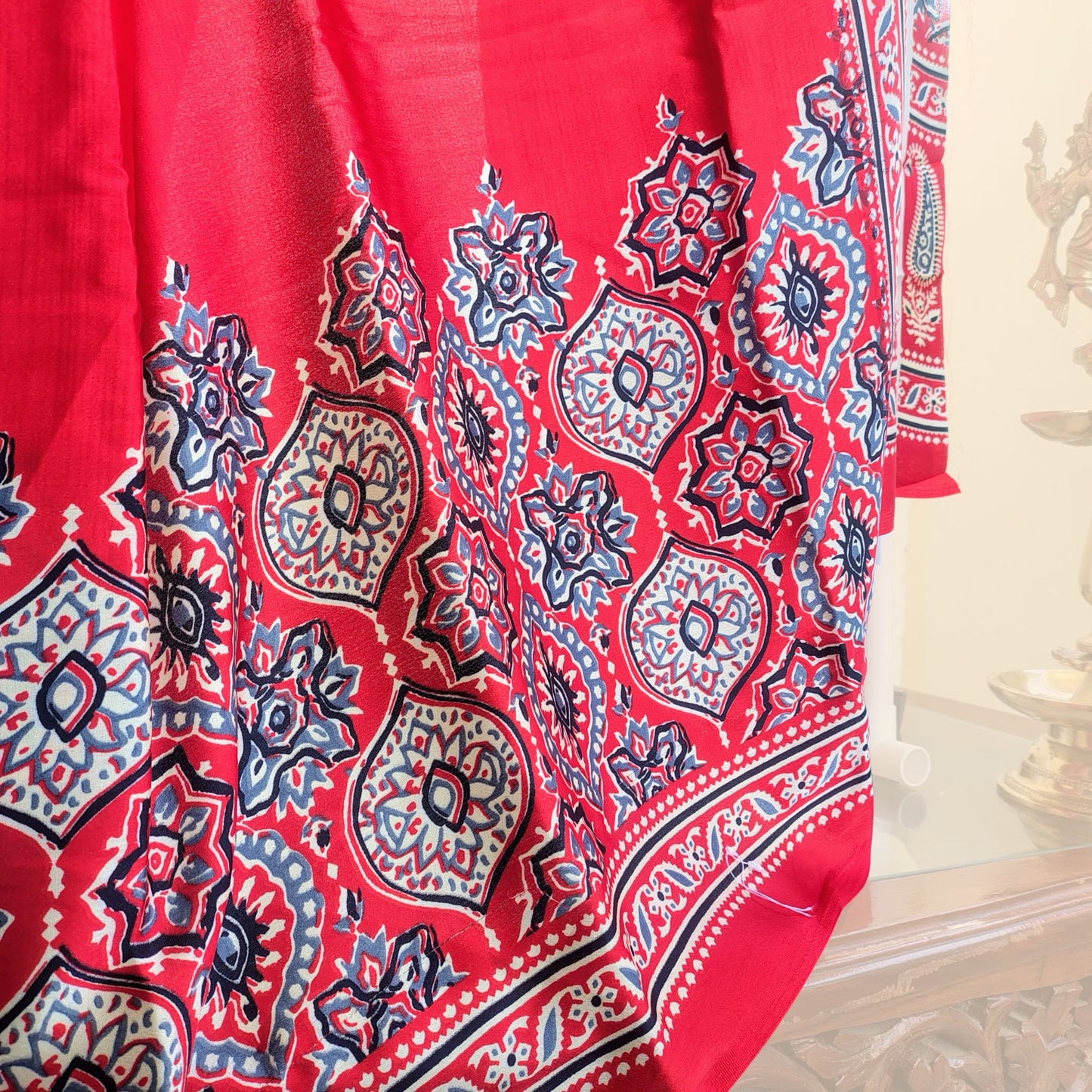 Red Crepe Satin Saree with Printed Border