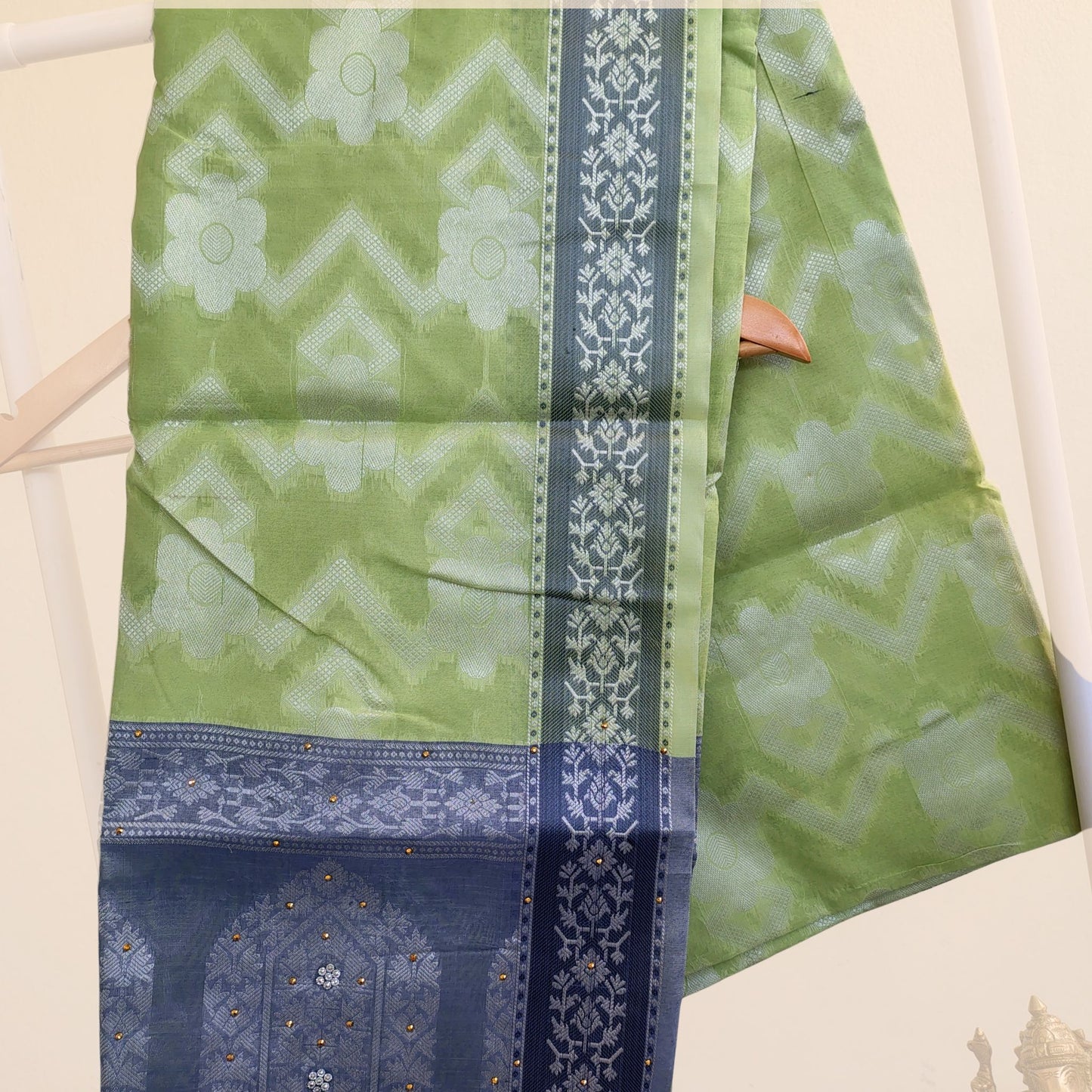 Light Green Soft Silk Saree with Blue Border