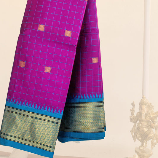 Purple Checkered Kanchipuram Cotton Saree with Blue Border