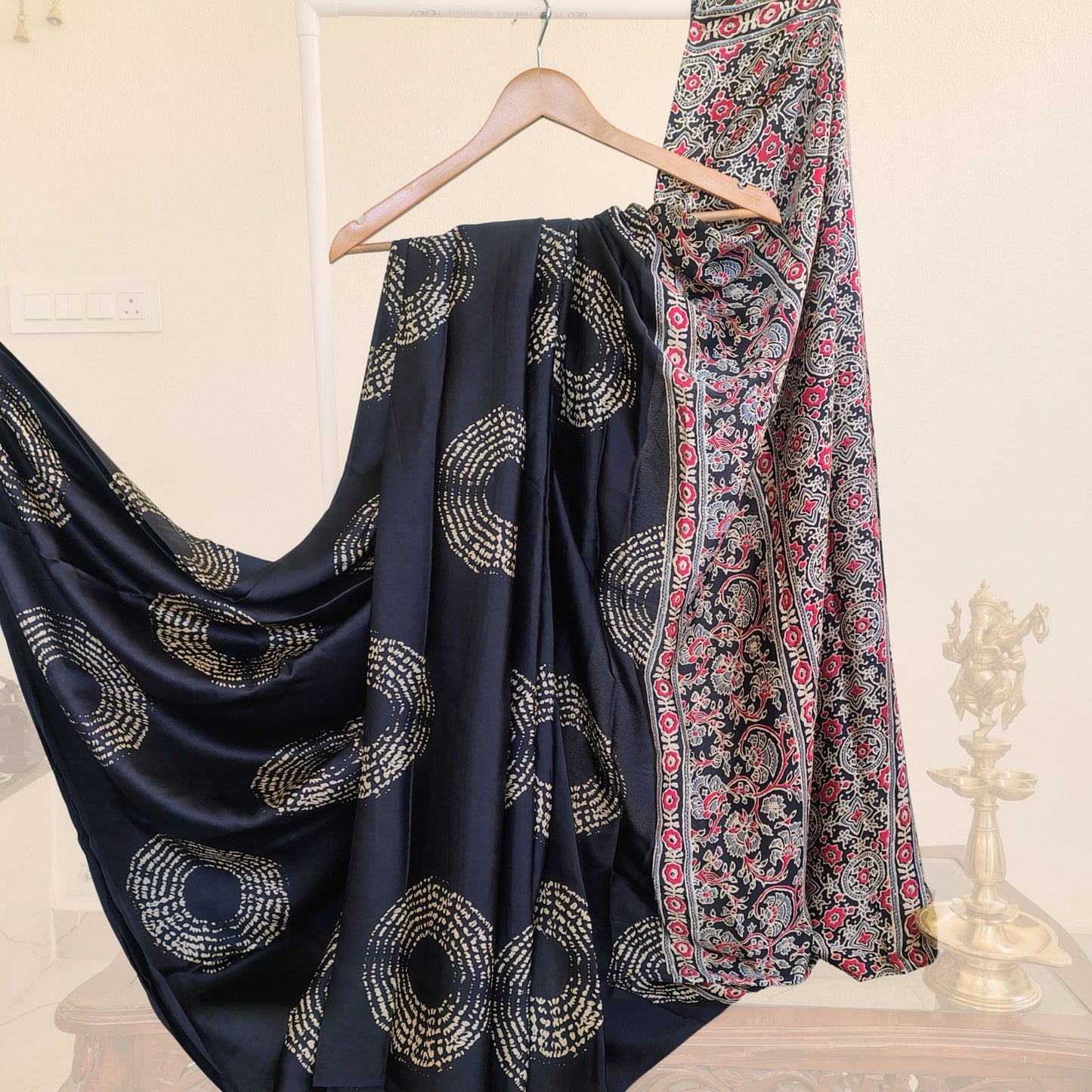 Black Crepe Satin Saree with Golden Prints