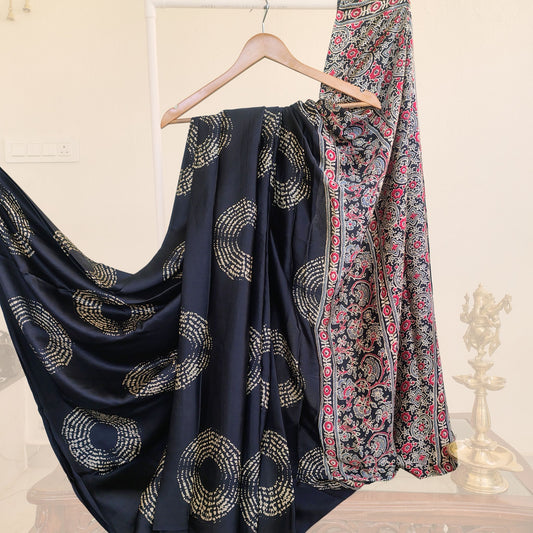 Black Crepe Satin Saree with Golden Prints