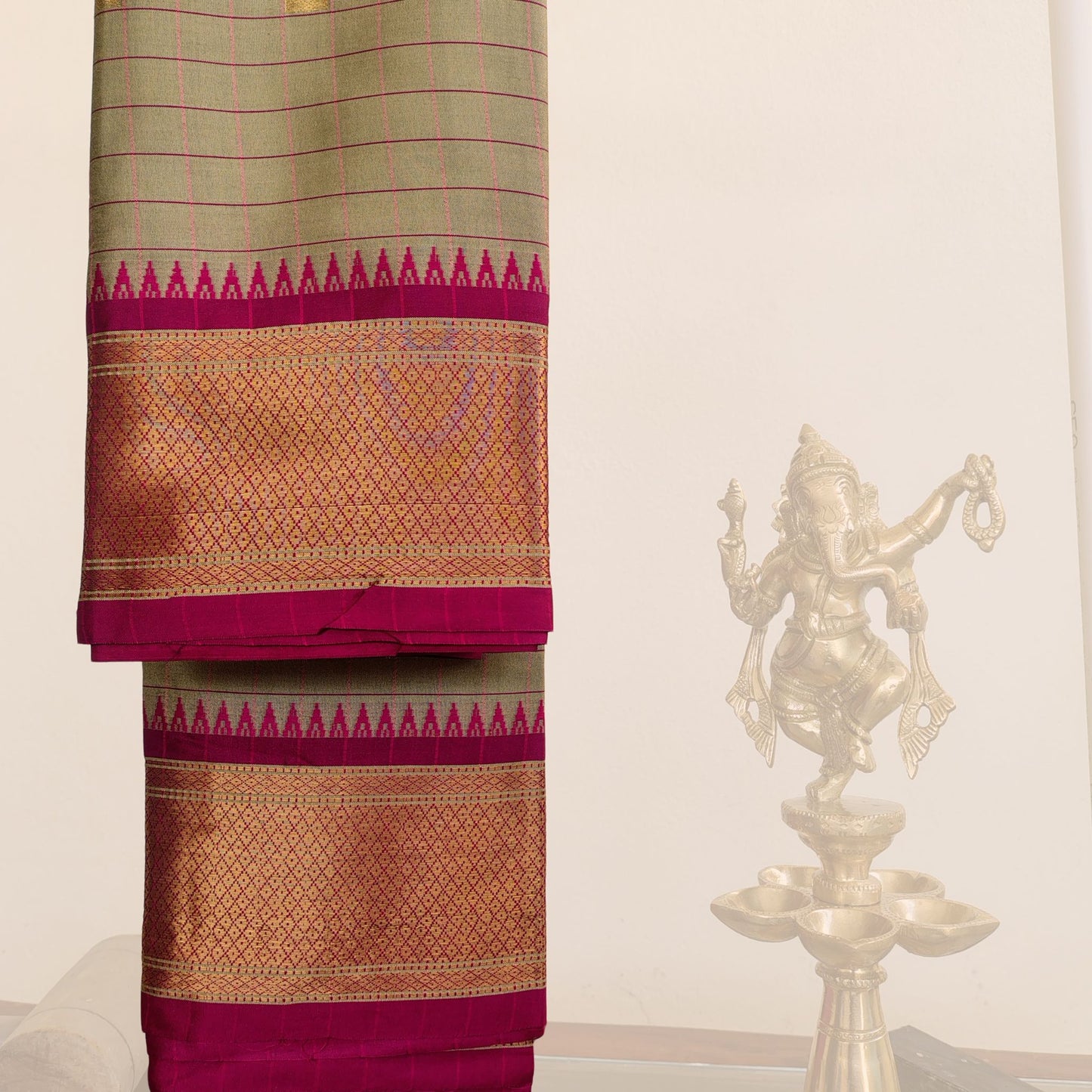 Grey Checkered Kanchipuram Cotton Saree with Maroon Border