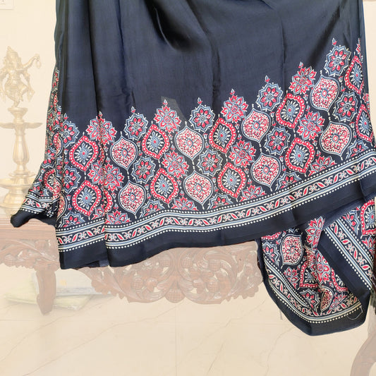 Black Crepe Satin Saree with Golden Prints