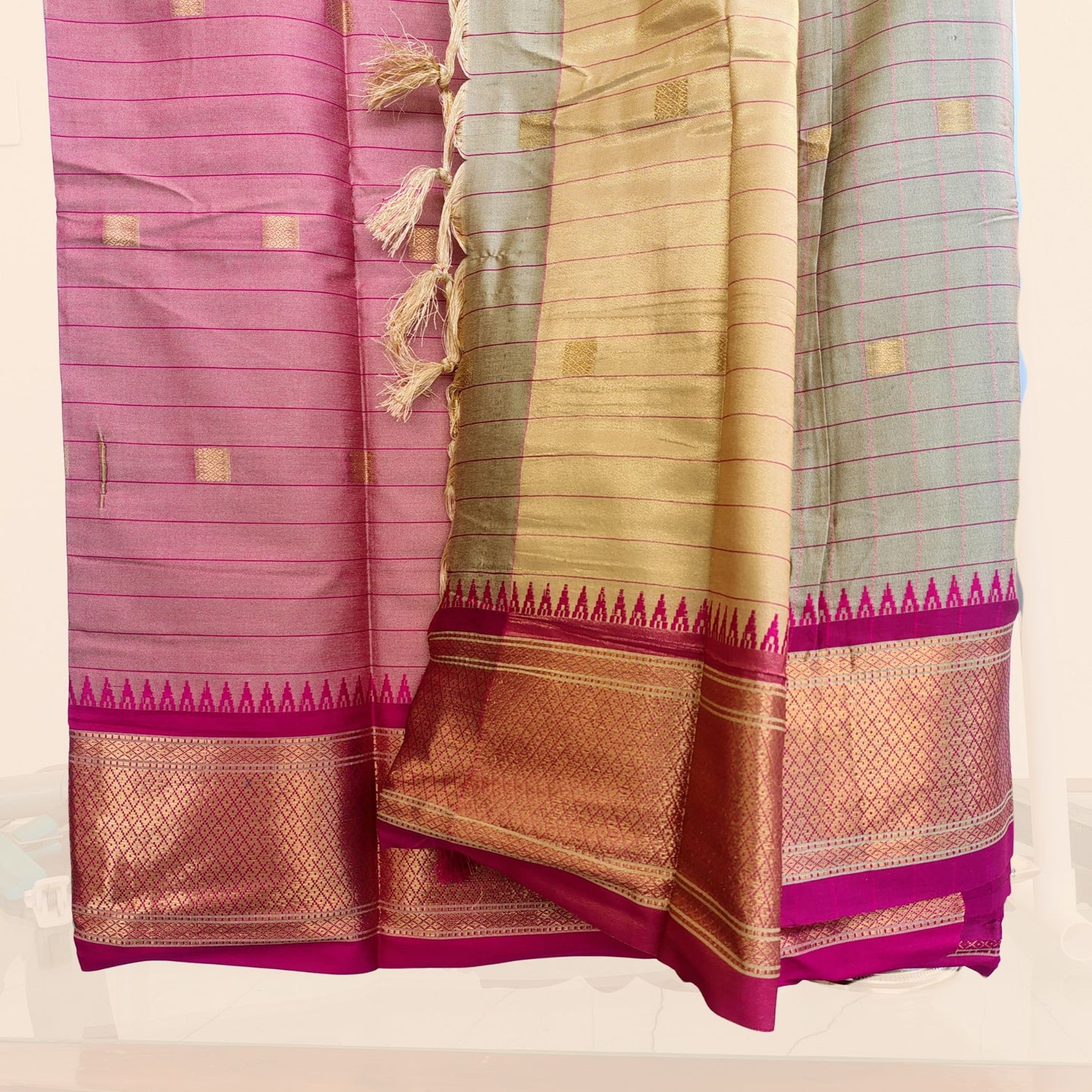 Grey Checkered Kanchipuram Cotton Saree with Maroon Border