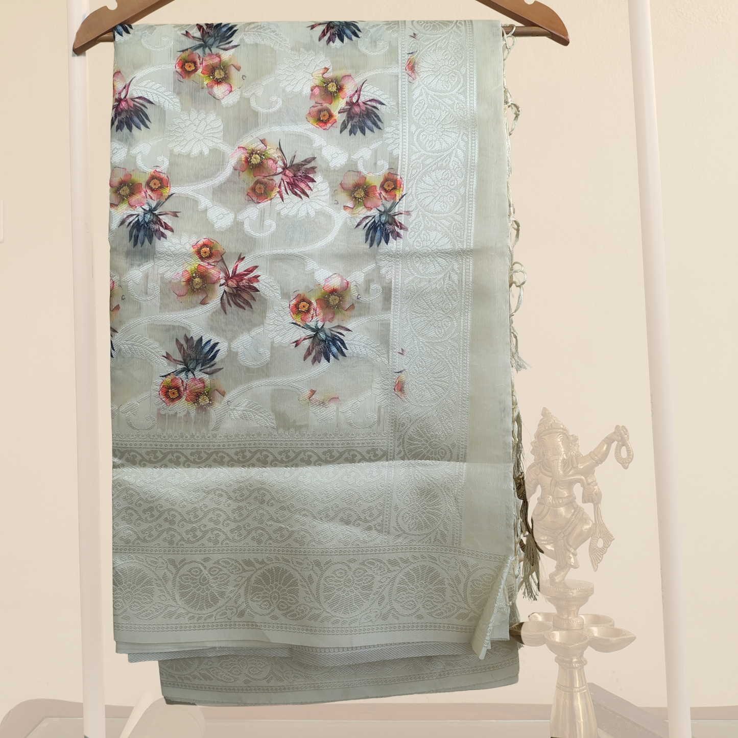 Silver White Floral Soft Silk Saree