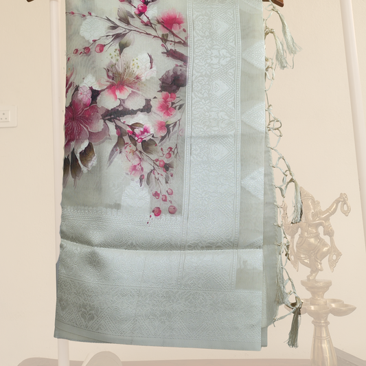 Silver White Floral Soft Silk Saree