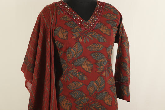 Maroon Leaf Motif with Beadwork Neckline Kurta Set