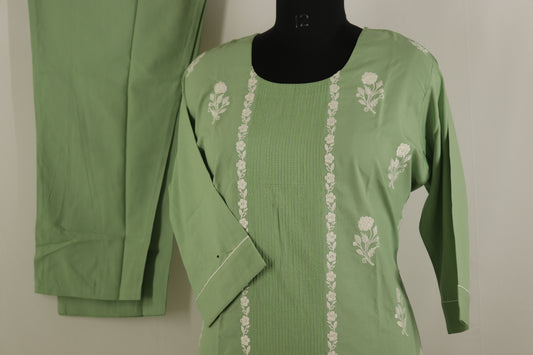 Light Green Cotton Embroidered Kurta Set