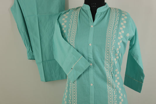 Sky Blue Button-Down Cotton Embroidered Kurta Set