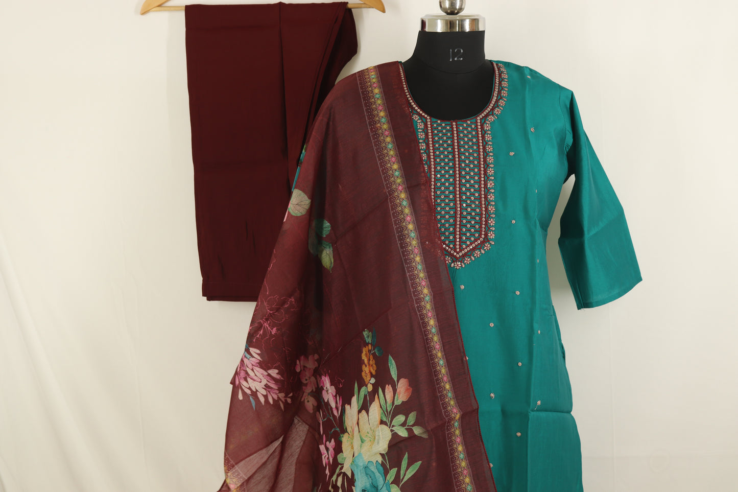 Teal Bloom Embroidered Kurta Set – With Maroon Floral Dupatta