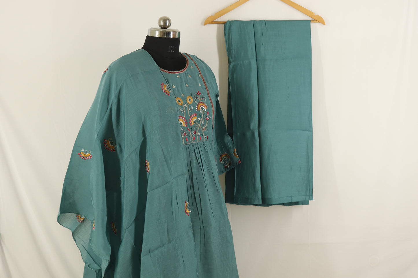 Ocean Mist Embroidered Kurta Set – Teal Elegance in Cotton