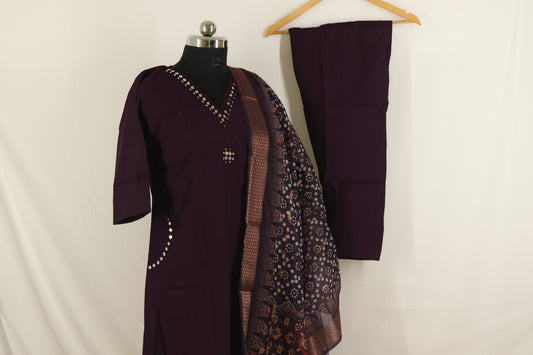Deep Purple with Block Printed Kurta Set