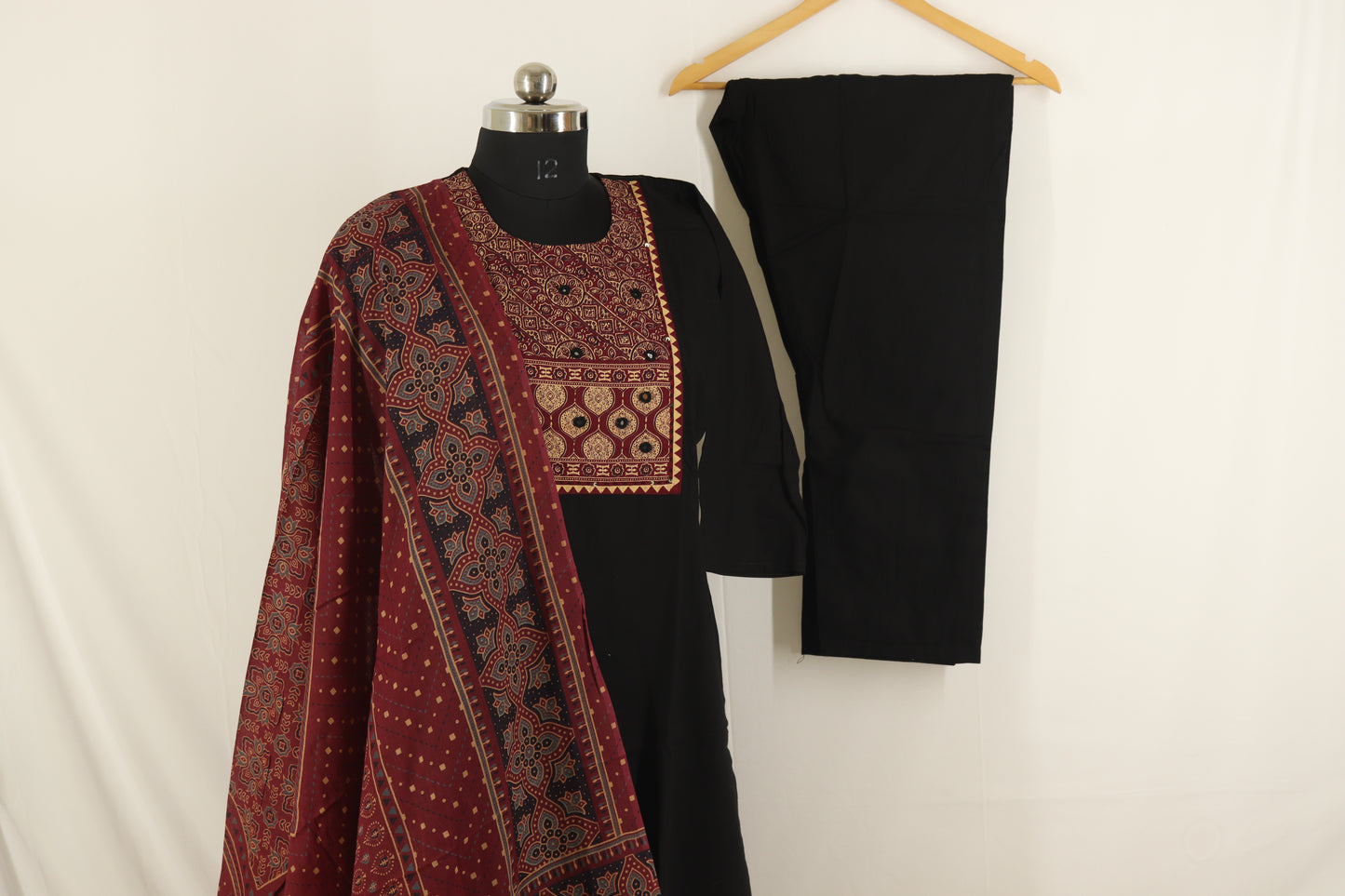 Black with Maroon Ajrakh Dupatta Embroidered Kurta Set