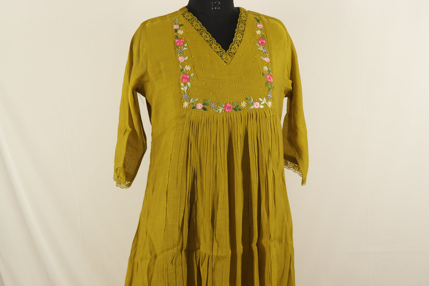 Mustard Yellow Pleated Cotton Embroidered Kurta