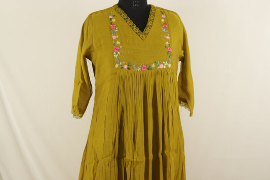 Mustard Yellow Pleated Cotton Embroidered Kurta