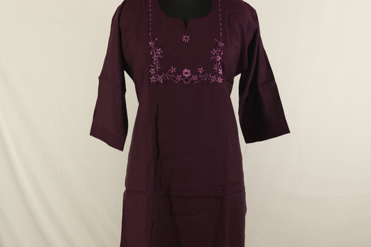 Deep Plum Cotton Blossom Embroidered Kurti