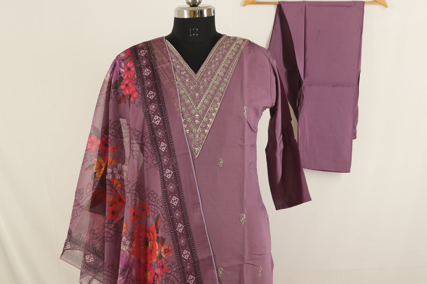 Lavender Muse Cotton Kurta Set – Embroidered Neckline with Floral Dupatta
