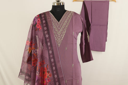 Lavender Muse Cotton Kurta Set – Embroidered Neckline with Floral Dupatta