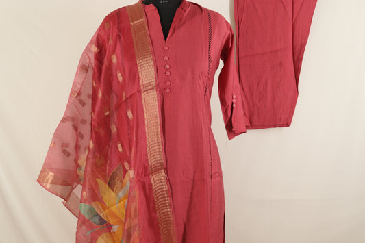 Pink Cotton Kurta with Golden Border Dupatta