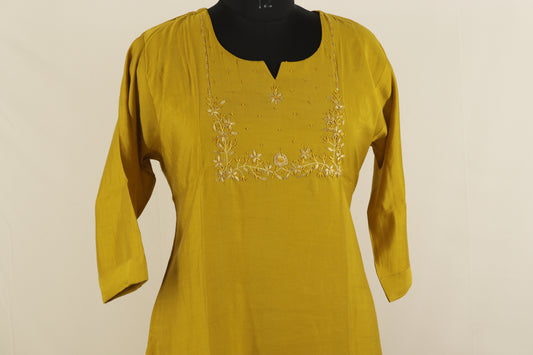 Mustard Cotton Bloom Embroidered Kurti