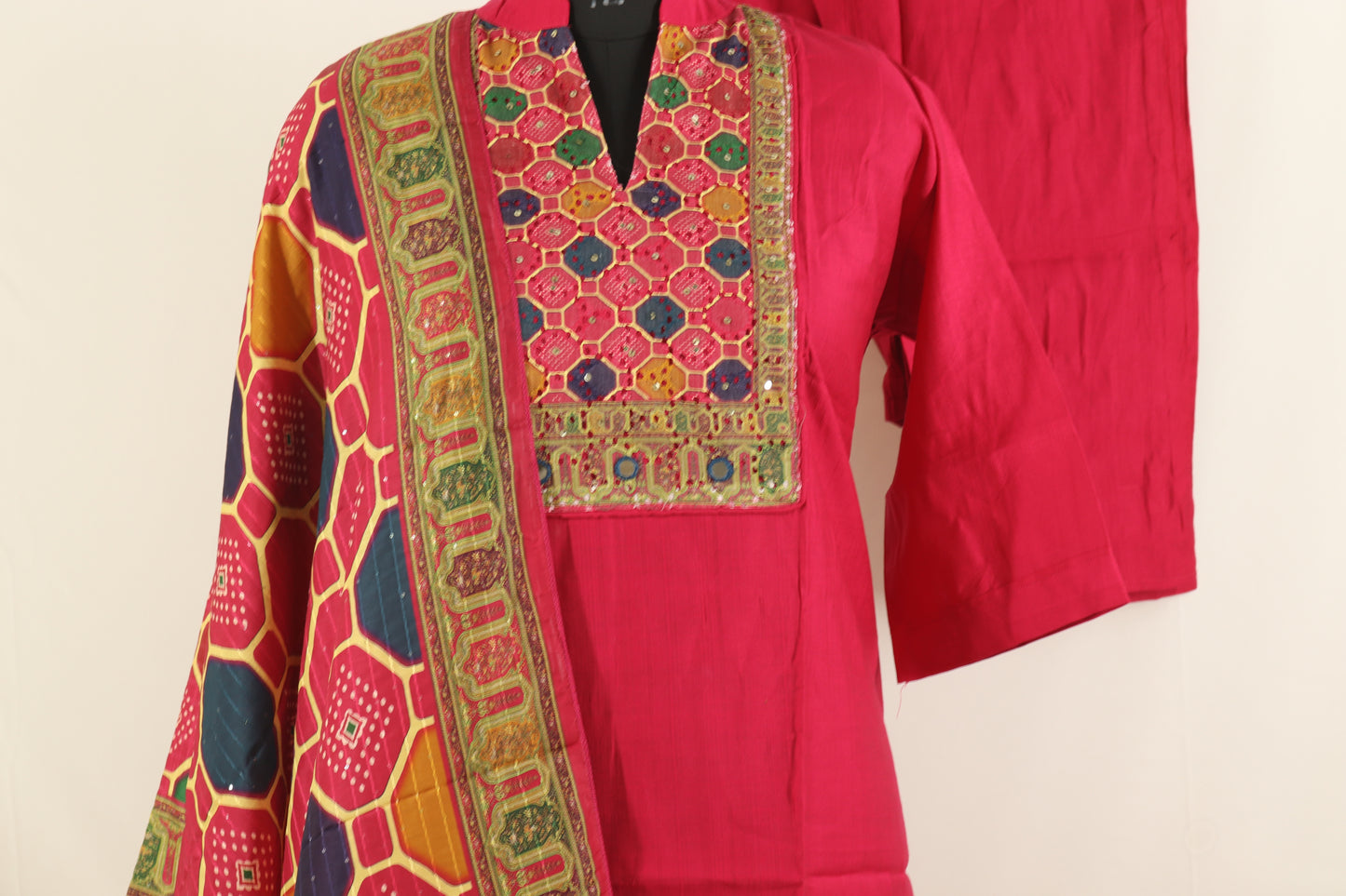 Pink Embroidered Cotton Kurta with Printed Dupatta