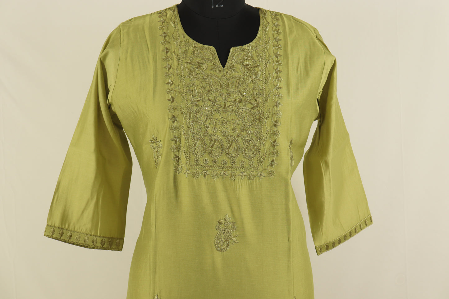 Olive Grace Embroidered Kurti – Subtle Threadwork in Pure Cotton