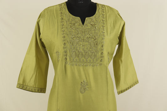 Olive Grace Embroidered Kurti – Subtle Threadwork in Pure Cotton