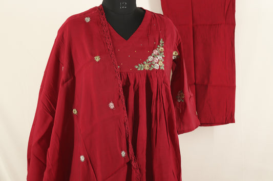 Maroon Cotton Petal Embroidered Kurta Set