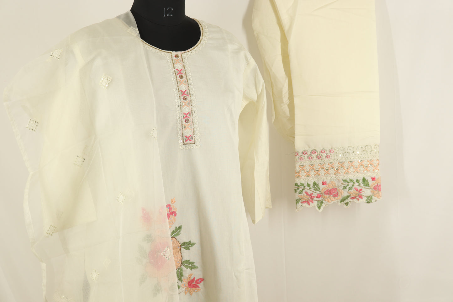 White Blossom Kurta Set - White with Floral Embroidery