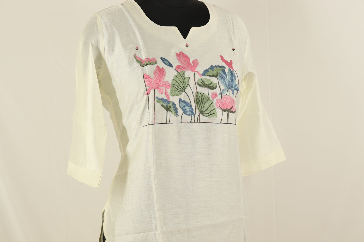 White Semi Cotton Floral Embroidered Kurti