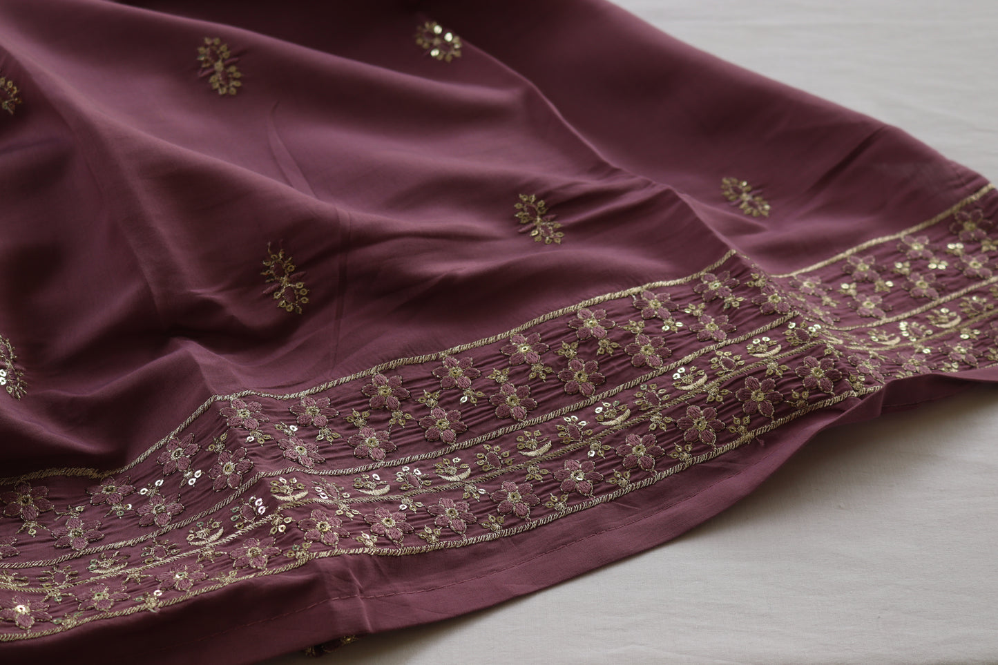 Lavender Muse Cotton Kurta Set – Embroidered Neckline with Floral Dupatta