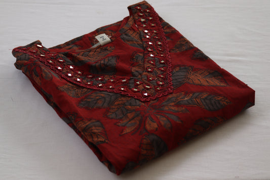 Maroon Leaf Motif with Beadwork Neckline Kurta Set