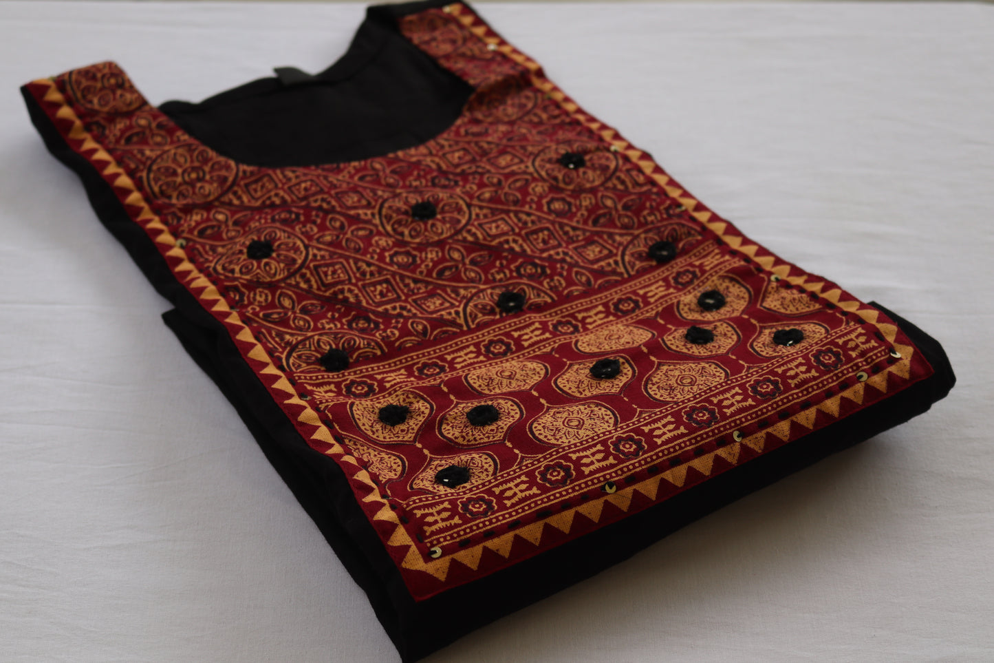 Black with Maroon Ajrakh Dupatta Embroidered Kurta Set