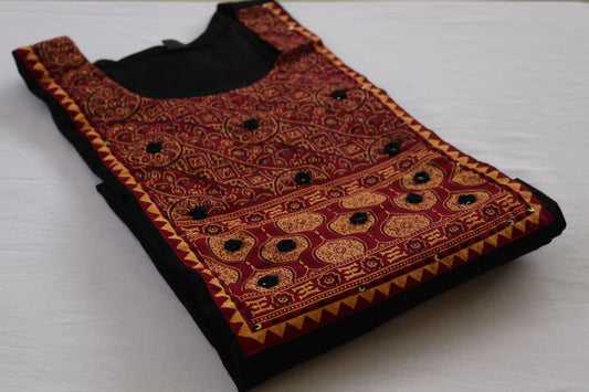 Black with Maroon Ajrakh Dupatta Embroidered Kurta Set