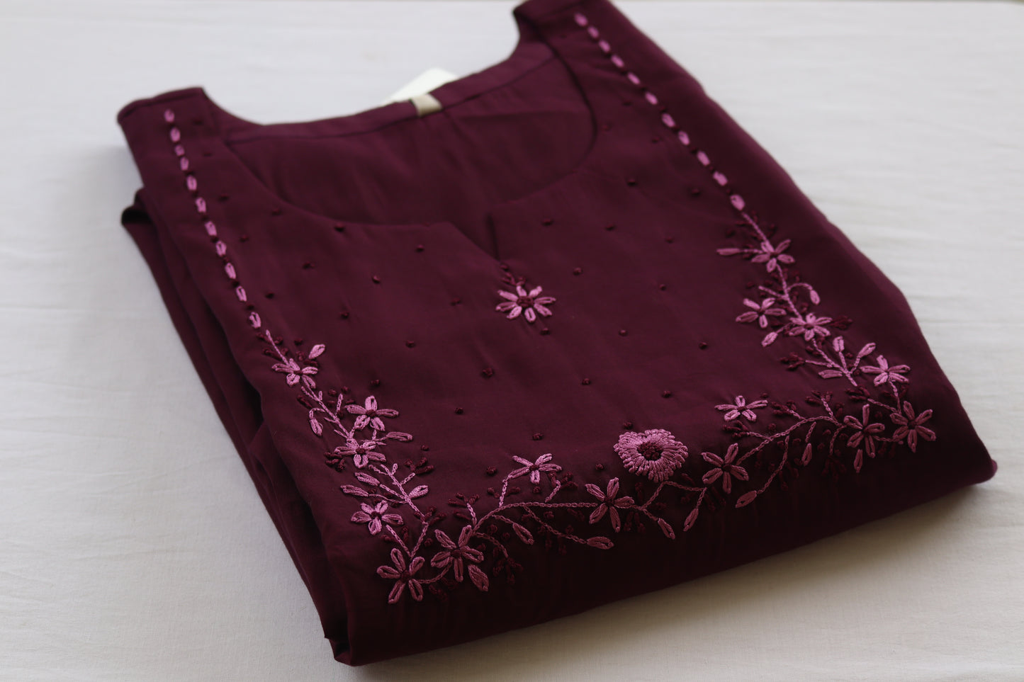 Deep Plum Cotton Blossom Embroidered Kurti