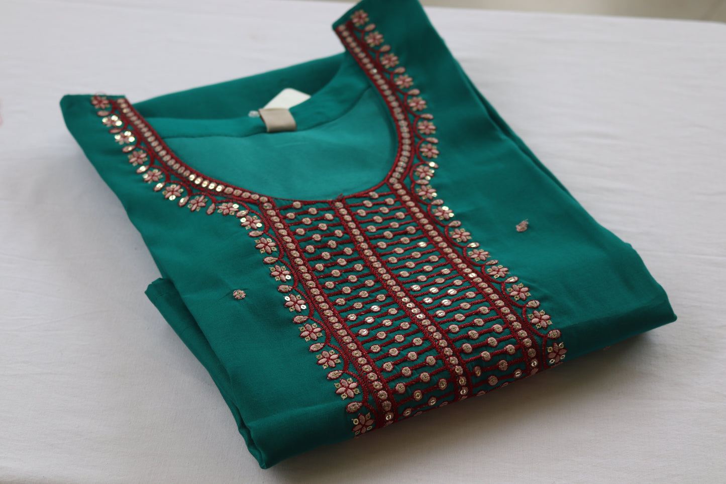 Teal Bloom Embroidered Kurta Set – With Maroon Floral Dupatta