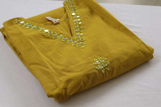 Yellow Embroidered Cotton Kurta Set