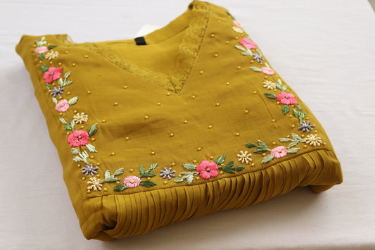 Mustard Yellow Pleated Cotton Embroidered Kurta